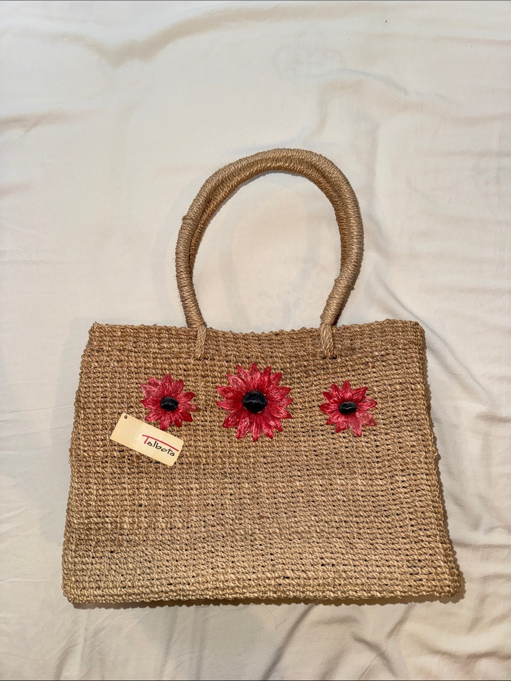 Talbots Natural Straw Tote with Pink-Red Floral Embellishments
